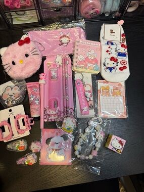 Hello Kitty Pink Accessories Bundle Socks, Pouch, Stationery Hair Clips 18+ item